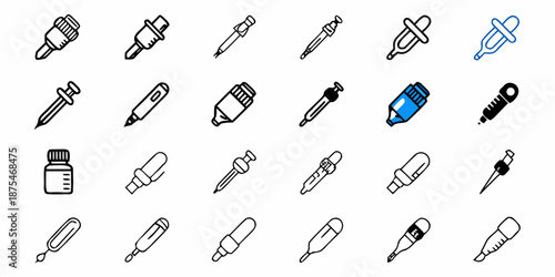Medical and art supplies icons including syringes bottles droppers and creative tools