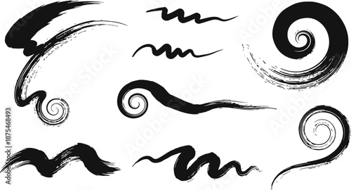 Paint Brush Strokes Swirl Line Curve Calligraphy Spiral Elements Hand Drawn Chinese Ink Brush Paint Stroke Swish
