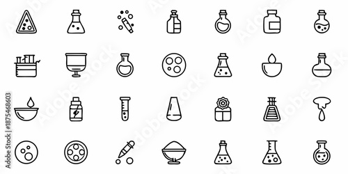 Detailed laboratory equipment and chemistry tools icons for scientific research education