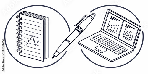 Business data analysis laptop and notebook icons for finance research and statistics