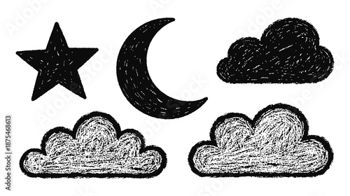 Cloud Crayon Texture Star Moon Set Hand Drawn Crayon Pencil Stroke Cloud Moon Sun Weather Shape With Chalk Texture