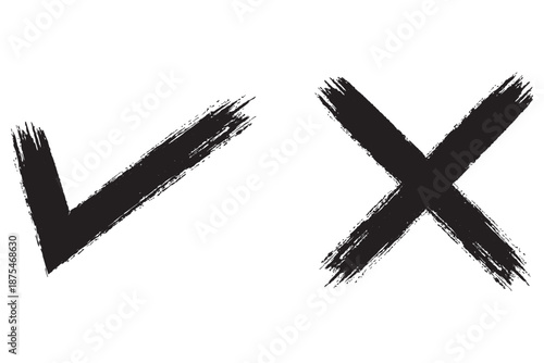 Hand drawn check mark icon set. tick, cross signs for checkbox, checklist, v and x in sketch doodle brush marker checklist symbol. grunge brush style vector illustration