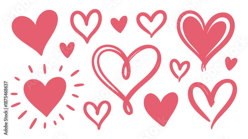 A collection of cute hand drawn heart doodles in pink for valentine's day and love concepts