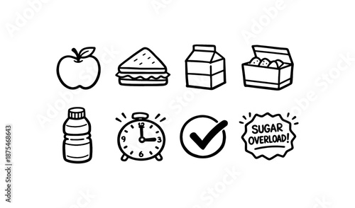 Healthy lunchbox icons including an apple, sandwich, milk, and fruit with a clock and checkmark