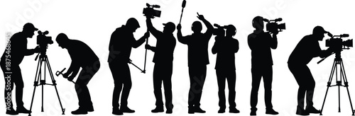 Set of black silhouettes of cameramen and videographers filming with cameras and tripods, professional media crew vector illustration isolated on white background.