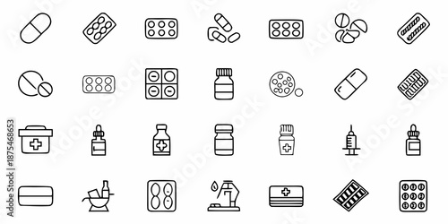 Pharmacy healthcare medicine icons for pharmaceutical products and medical supplies design