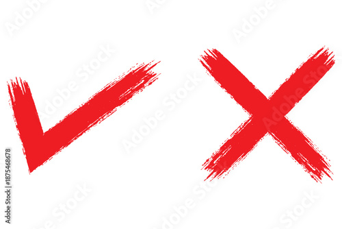 Hand drawn check mark icon set. tick, cross signs for checkbox, checklist, v and x in sketch doodle brush marker checklist symbol. grunge brush style vector illustration