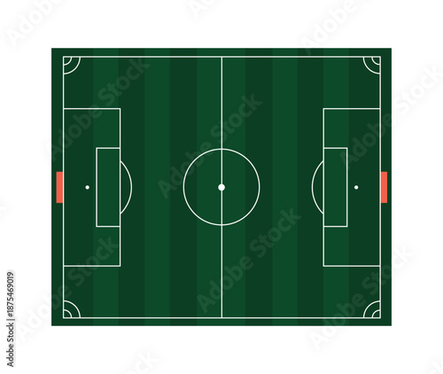 Top view vector illustration of a green soccer field featuring penalty boxes, center circle, and corner arcs for football strategy boards and game layouts.