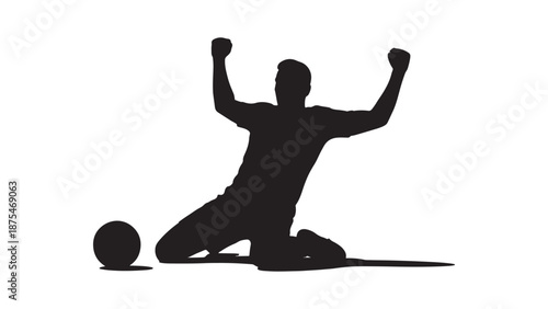 Silhouette of a soccer player celebrating a goal on his knees with arms raised in victory, perfect for sports posters and football championship designs.