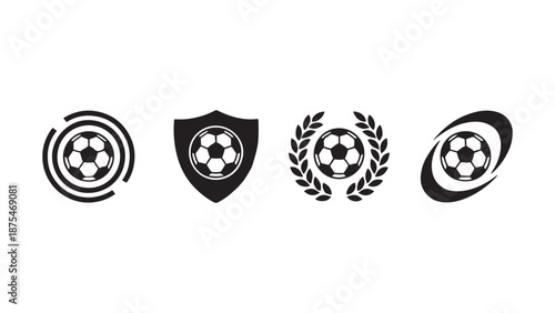 Set of modern soccer logo vector templates featuring footballs inside shields, wreaths, circles, and swooshes for sports team branding and badges.