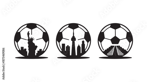 North American soccer vector set featuring footballs with skylines of the Statue of Liberty, CN Tower, and Mayan pyramid representing USA, Canada, and Mexico.