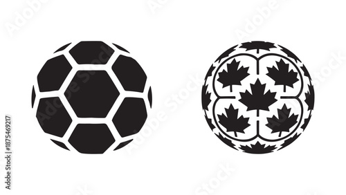 Canadian soccer ball vector illustration set featuring a standard hexagon football and a stylized ball with maple leaf patterns for national sports graphic design