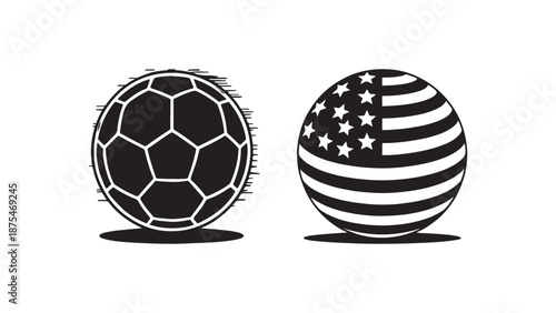 Vector illustration set comparing a standard soccer ball and a patriotic USA flag patterned football featuring stars and stripes for American sports designs.