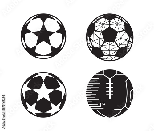 Abstract geometric soccer ball vector collection featuring footballs with polygon mesh, star patterns, and digital circuit board designs for modern sports logos.