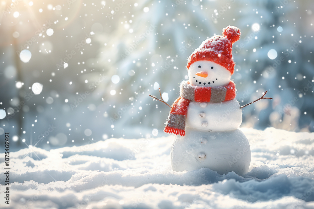 Fototapeta premium Merry christmas and happy new year greeting card with copy-space. Happy snowman standing in winter christmas landscape. Snow background