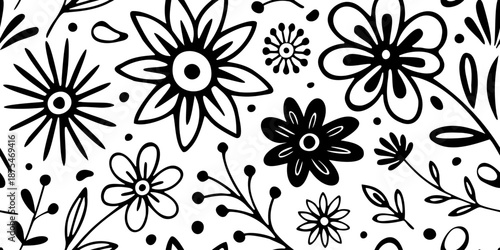 Hand outline drawing flowers, seamless pattern, vector background