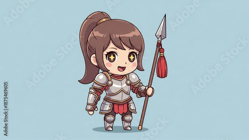 Brave chibi female knight holding a long spear.
