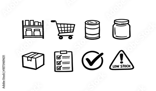 Set of simple hand-drawn icons representing retail and inventory management concepts
