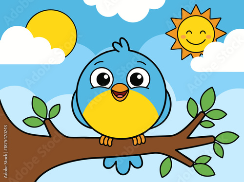 Adorable cartoon blue bird perched on a tree branch with a smiling sun and fluffy clouds in a bright blue sky, perfect for children's illustrations and educational content