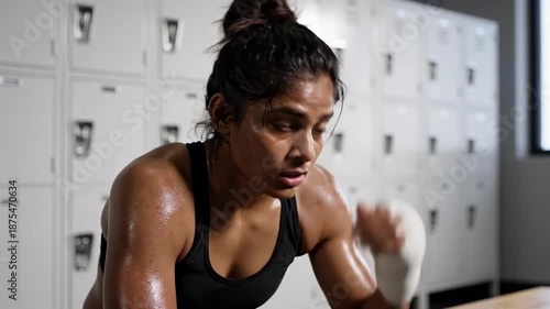 Woman resting and recovering in locker room after intense, sweaty workout in gym, athletic struggle footage