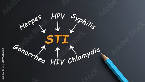 Handwritten text on a dark chalkboard illustrating STI acronym with diseases like Herpes, HPV, Syphilis, Gonorrhea, HIV, and Chlamydia connected by arrows.