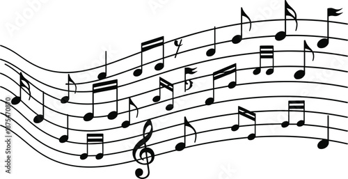 Abstract musical notes on wavy pentagram staff lines for creative sound melody and classical symphony composition performance theme
