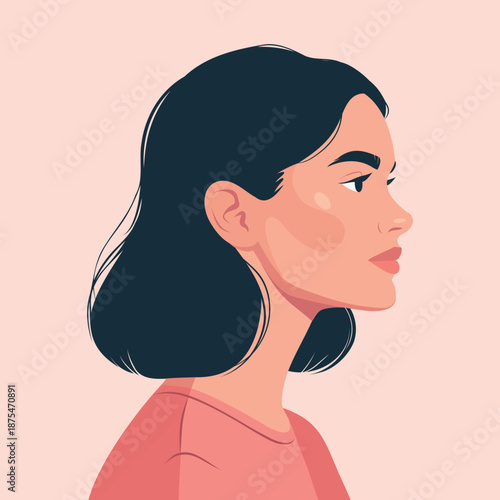 A vector illustration of a modern woman's profile portrait. She features a bob hairstyle, a beautiful face, and a soft pastel background. Ideal for beauty and fashion projects, social media avatars