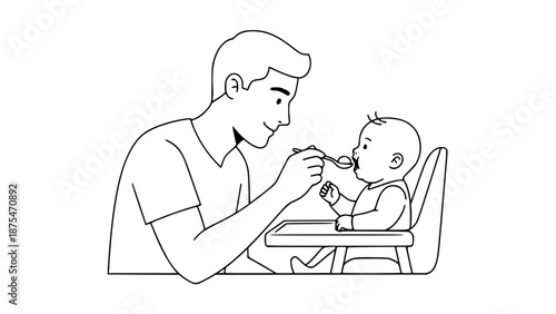 Flat vector illustration of a father feeding a baby in a high chair, family care concept, modern flat style, warm colors, clean vector lines, isolated on white background