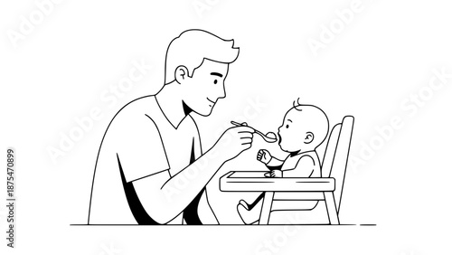 Flat vector illustration of a father feeding a baby in a high chair, family care concept, modern flat style, warm colors, clean vector lines, isolated on white background