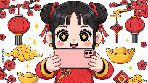 Cute Chibi Girl with Phone Chinese New Year