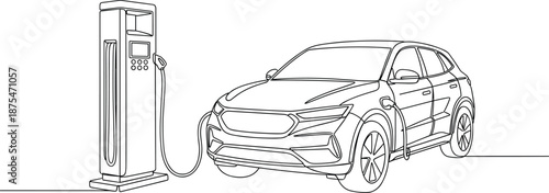 Continuous one line drawing of electric vehicle charging at station for sustainable transport and green energy power concept