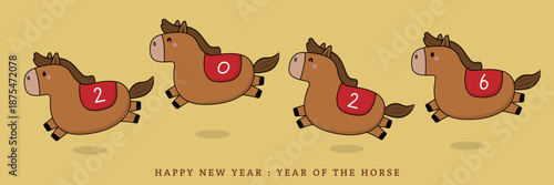 Happy lunar new year 2026 greeting card with cute horse. Animal zodiac cartoon character. -Vector