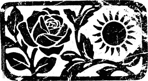 Black and white floral and sun ornament, vintage grunge decorative design