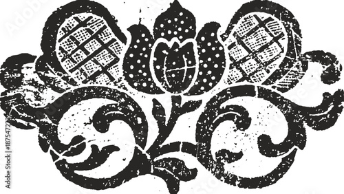 Vintage floral ornament design with stylized tulip and symmetrical curls in black and white