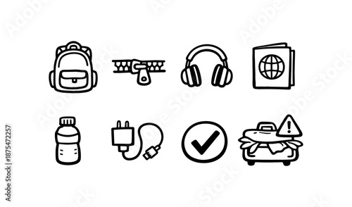 Travel essentials icons: backpack, zipper, headphones, passport, water, charger, checkmark, and luggage