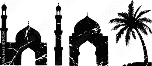 Silhouette of mosque arches and palm tree with distressed texture on white background