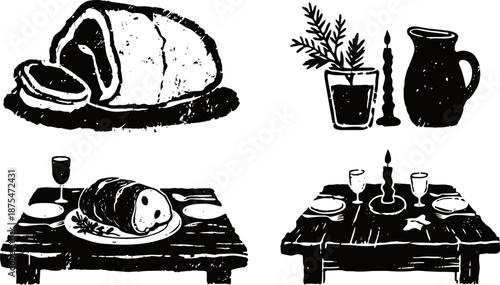 Rustic loaf bread on plate with dining table setting and decorative candle and pitcher