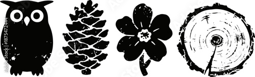 Silhouette of an owl, pinecone, flower, and tree log cross section in black and white nature symbols