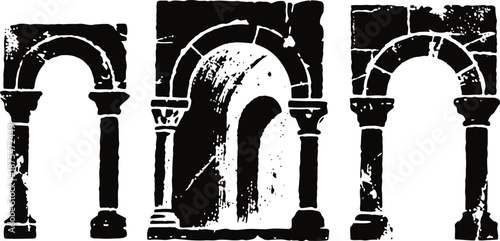 Ancient stone archways with weathered texture in black and white silhouette