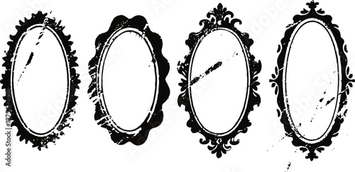vintage ornate oval frames with distressed texture in black on white background