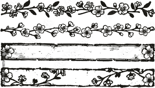 decorative vintage floral borders and dividers with cherry blossoms and grunge texture design