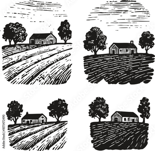 Rustic farmhouse with trees on cultivated farmland in vintage woodcut illustrations