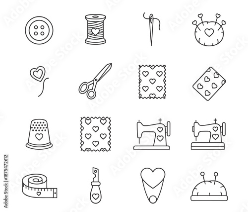 Sewing and tailoring heart-themed line icons set