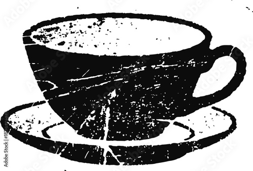 vintage distressed teacup and saucer silhouette with grunge texture isolated on white