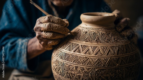 A potter's hands delicately decorate an earthenware jar with intricate geometric patterns