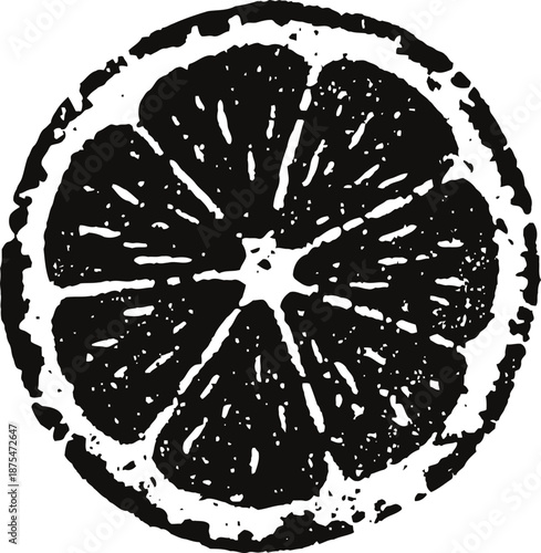 Black and white citrus fruit slice illustration with rough texture and vintage