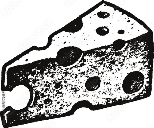 sliced cheese wedge with holes, classic dairy food illustration in vintage