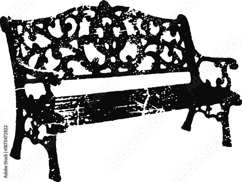 Ornate iron garden bench silhouette with decorative floral patterns and wooden slats