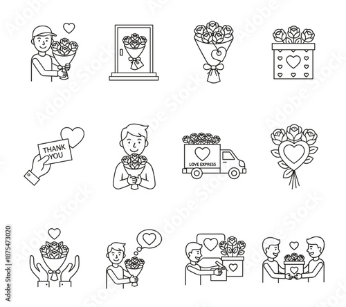 Flower gifting and gratitude line art illustrations