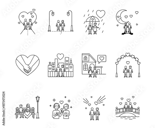 Romantic love and companionship line art icons set